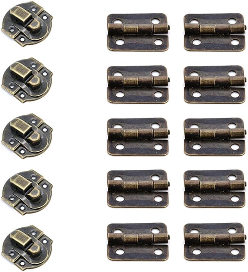 5PCS Small Antique Metal Hasps Lock Storage Wood Box + 10PCS Bronze Hinges Cabinet Mini Hinge