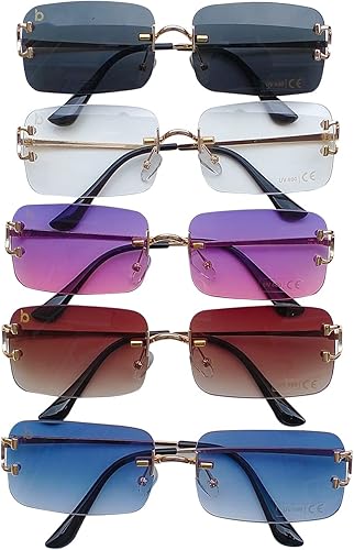 Vista 9 de Lentes de sol de diseño sin montura para hombres y mujeres, lentes de sol rectangulares retro con funda de cuero de primera calidad