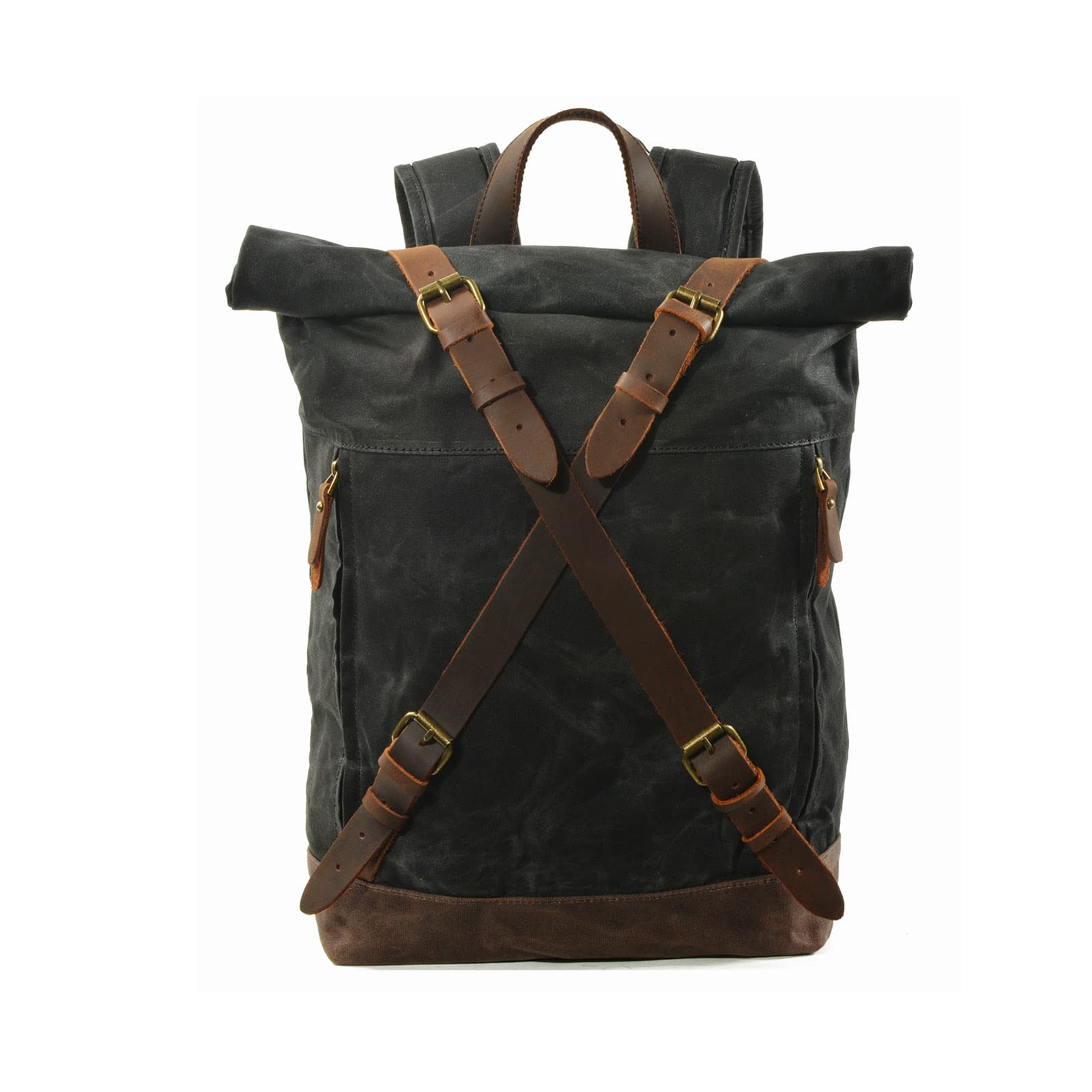 FANDARE Vintage Internal Frame Backpacks Rolltop Canvas Backpack Travel Rucksack Hiking Backpack Outdoor Duffle Bags Trekking Daypacks for Men Women Sport Travel Camping Mountaineer Knapsack Black