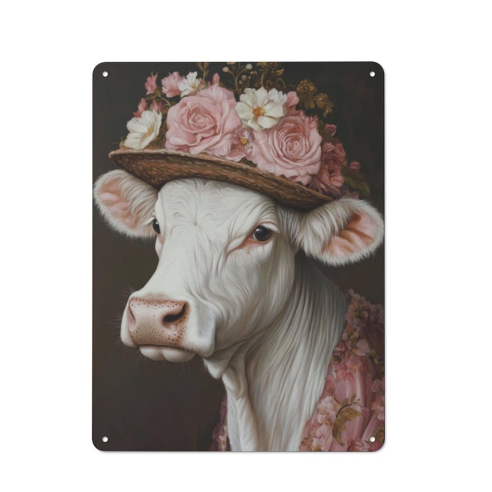 Junmoney Cow In A Floral Hat Metal Plaque 40X30cm With For Pub Or Café, Rustic Decor, For Pub Decor Enthusiasts