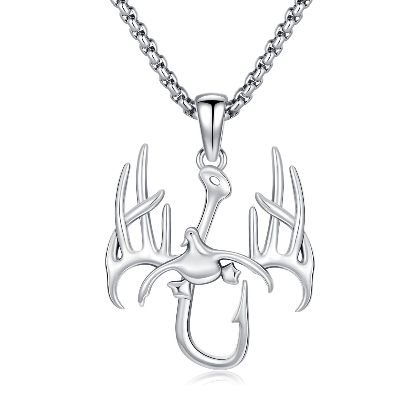 PROESS Collana da uomo con ciondolo a forma di anatra in argento sterling 925 con ciondolo a forma di corno con gancio da pesca gioielli da caccia regali per padre
