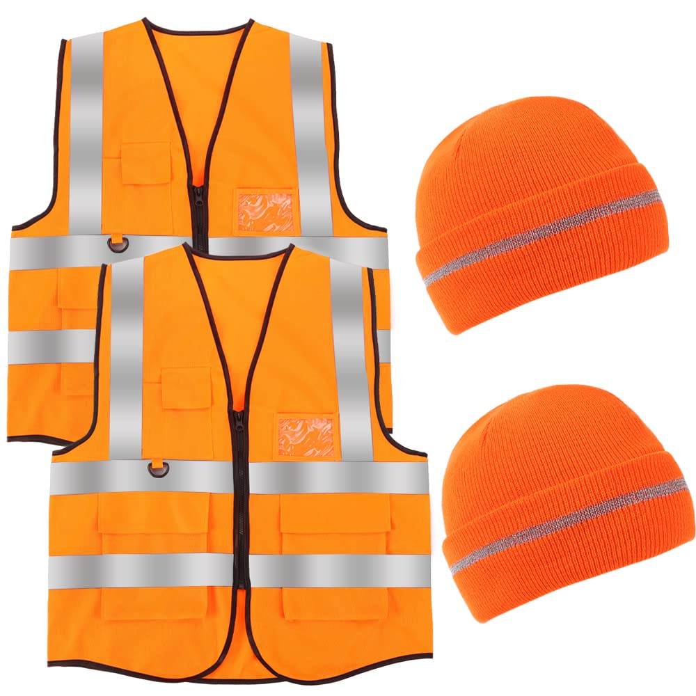 Tinsky2 Pcs Orange Hunting Vest High Visibility Safety Vest Reflective Construction Working Uniform with Reflective Stripes and Hunting Hat Knit Beanie Cap for Men Women, Orange, All