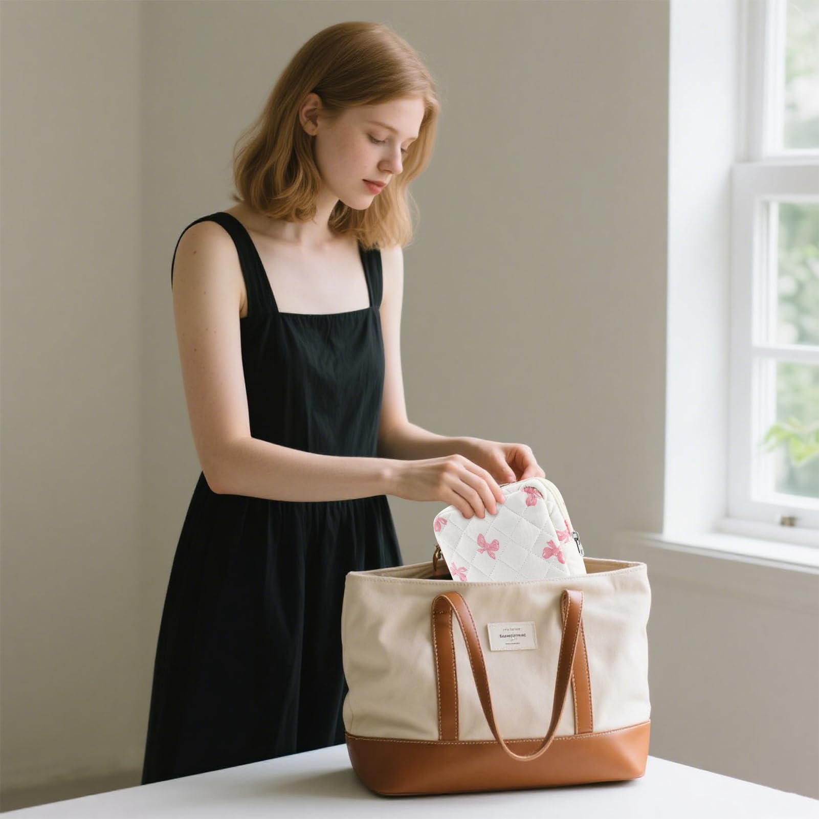 Tmtains Kleine Make-up-Tasche für Geldbörse, Mini-Baumwolle, gesteppt, Kosmetiktasche für Damen, niedliche rosa Schleife, Make-up-Tasche, tragbare Reise-Kulturbeutel mit Reißverschluss, Damenbinde