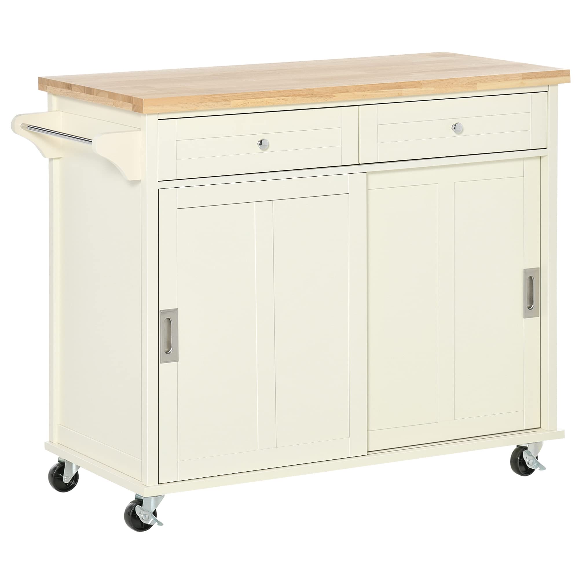 HOMCOM Isola per Cucina in Legno e MDF con Cassetti, Armadietto e Portasciugamani, Carrello da Cucina a 4 Ruote per Utensili, 110x49.5x89.5 cm, Bianco