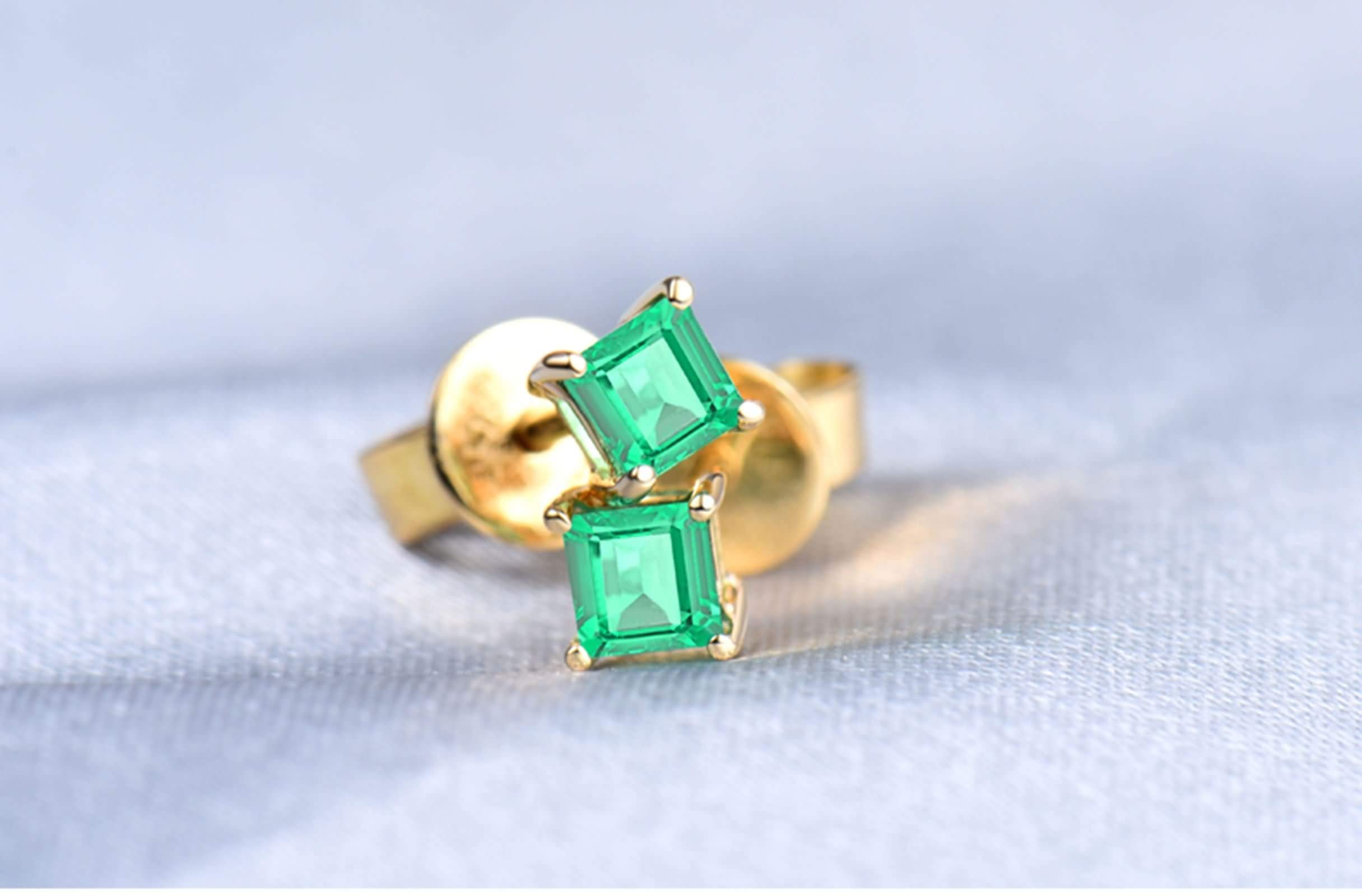 Epinki Gelb Gold 18K Ohrringe Silber Hängend, 4 Klaue Quadrat Ohrschmuck mit Smaragd 0.7ct Grün, als Geschenke für Frauen Freundin, Gelb Gold