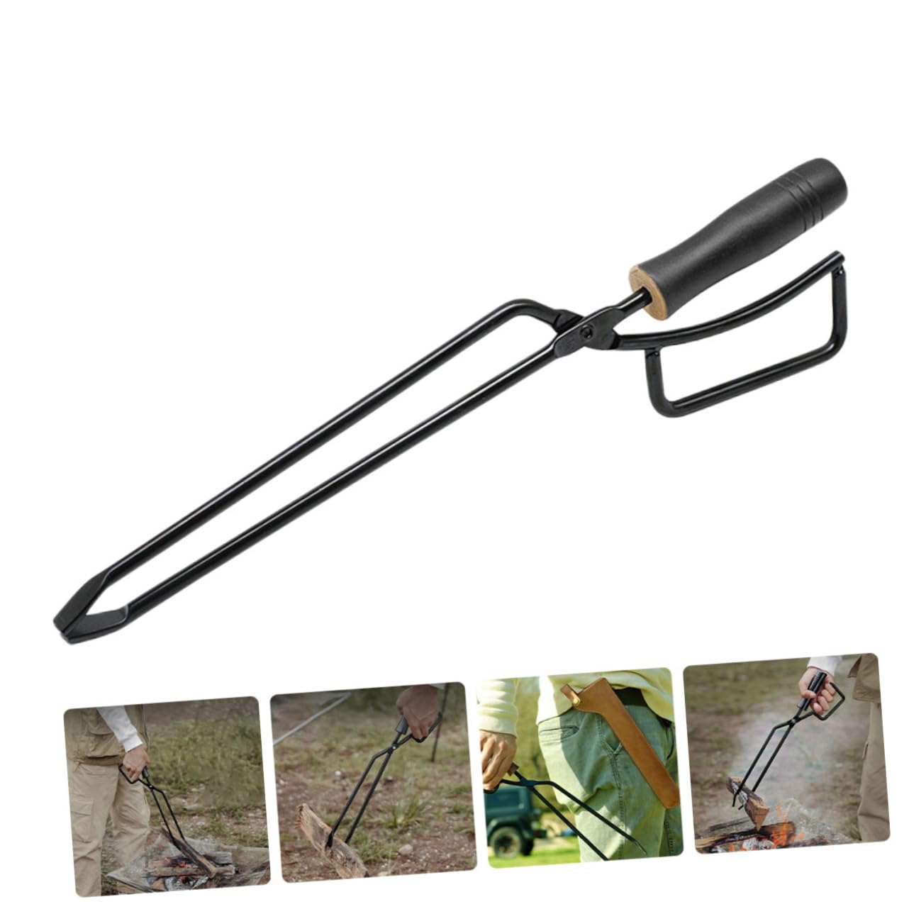 Pinza per Focolare da Esterno in Ferro con Manico in Legno Nero | Barbecue in Giardino e Picnic, Facile da Usare, Comoda Presa, per Legna e Carbone