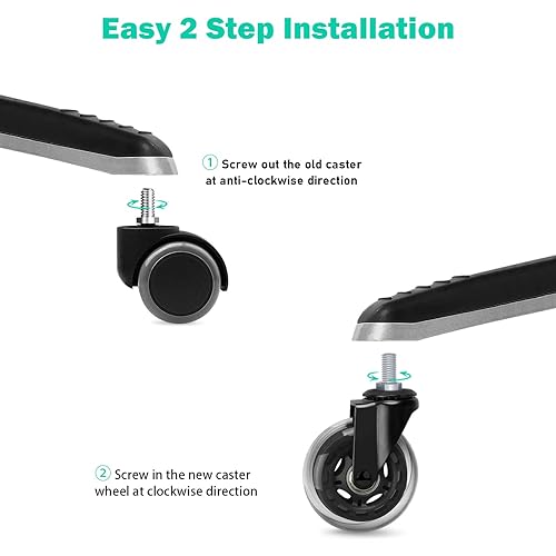 Miniatura 6 de Hirate Paquete de 5 ruedas para sillas de oficina con vástago roscado de 3/8 pulgadas a 16UNC (unidad inglesa), sillas giratorias silenciosas de 3