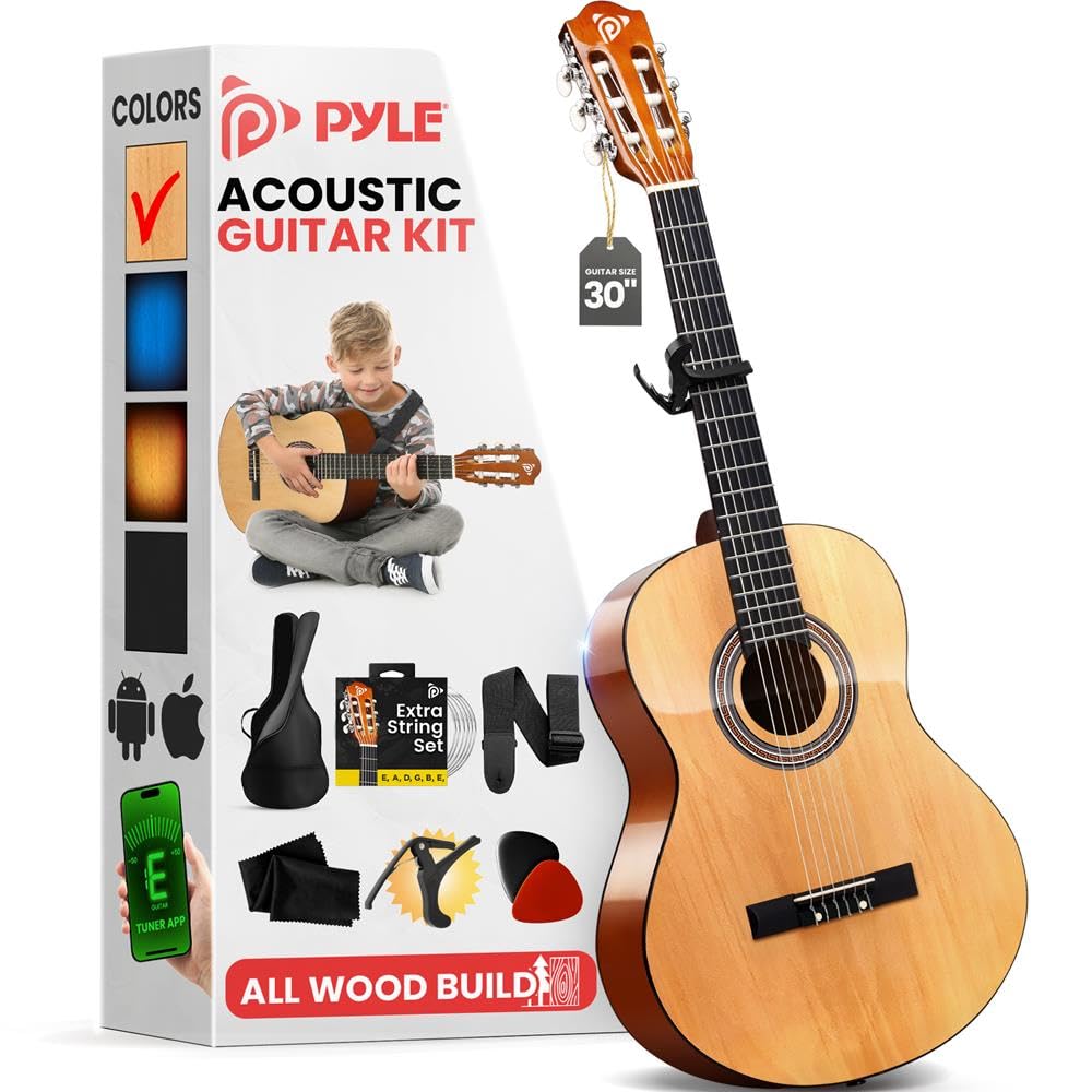 Pyle Kit per chitarra acustica per principianti, 1/4 Junior Size All Wood Build Nylon Stringed Instrument con capotasto, cinghia, set di corde extra, custodia, chitarre per principianti, adulti e