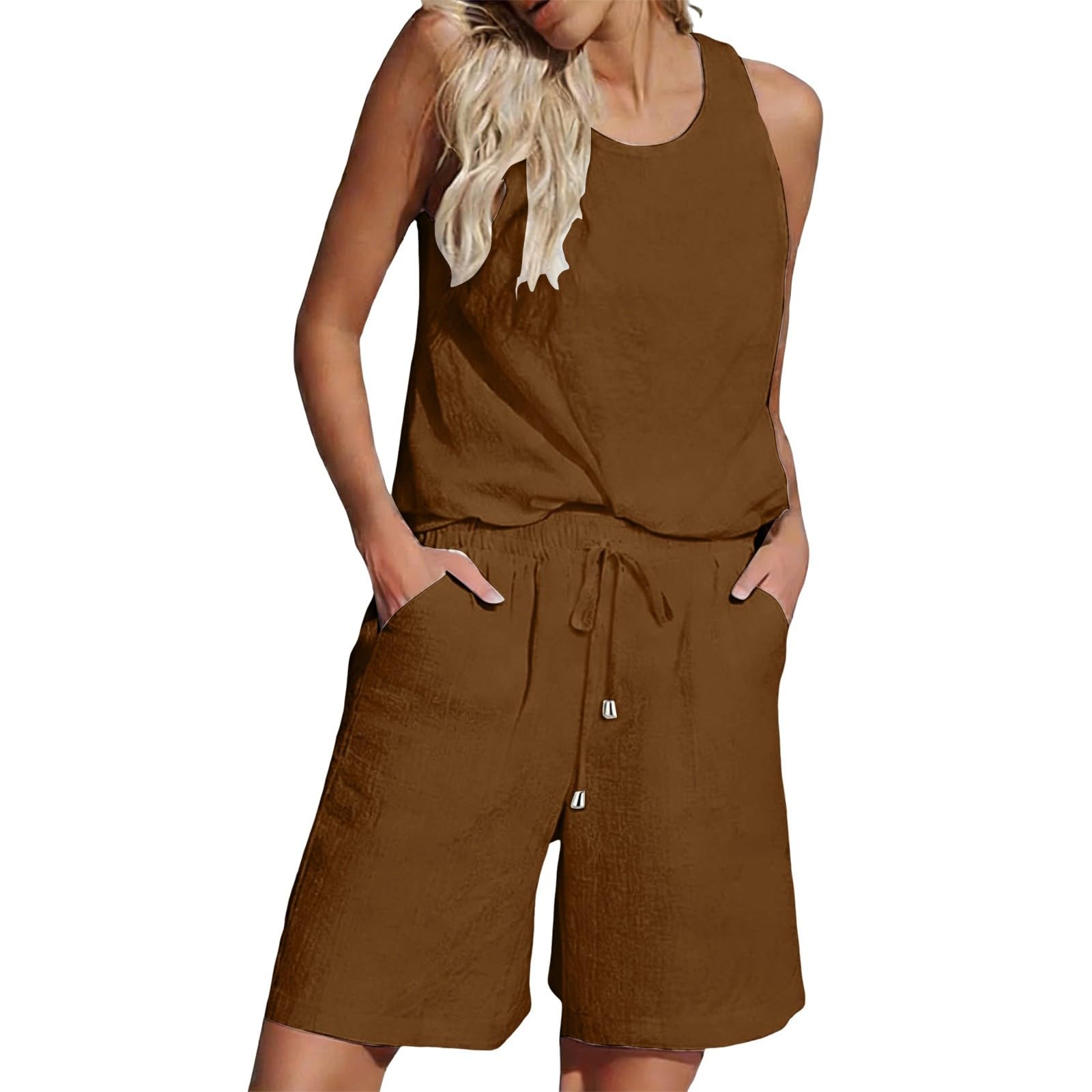 Ensemble Femme Lin Décontracté 2 Pièces En Pour Shorts Été Gilet Chic Et Élégant Fluide Elegant Vetement Chemise Gaze De Coton Ete Haut Tunique Survetement T-shirt Sans Manches Bermuda