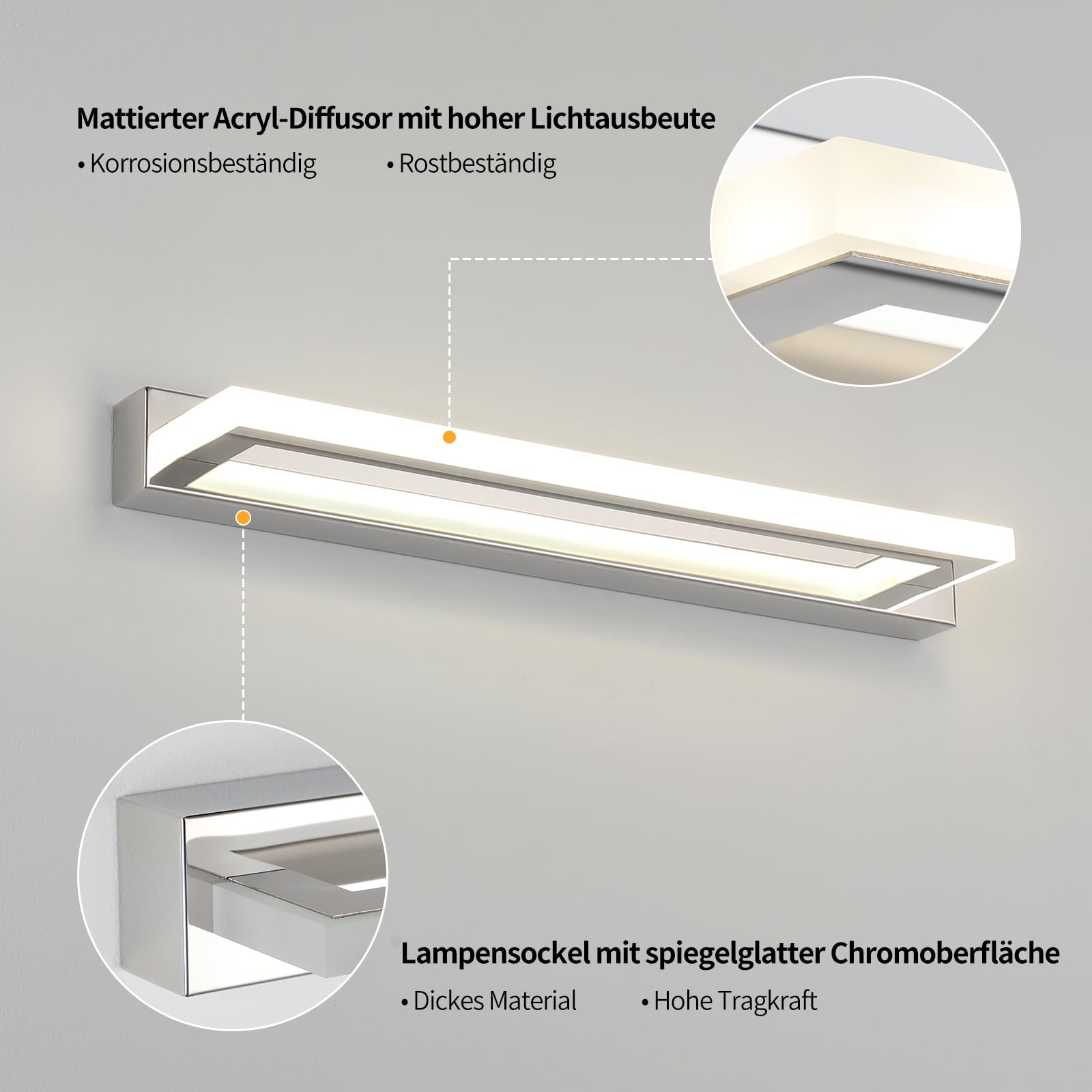 LED Spiegelleuchte Bad 42cm - Moderne Badezimmerlampe mit IP44, Chrom Finish, 9W 4000K für Spiegel und Wand