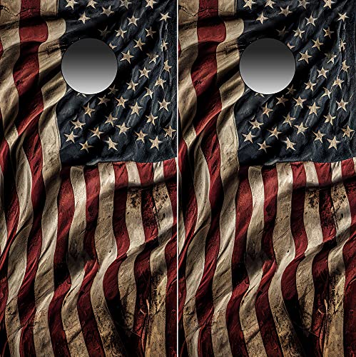 Vintage Waving American Flag Tattered Cornhole Wraps V-001 RUSTIC