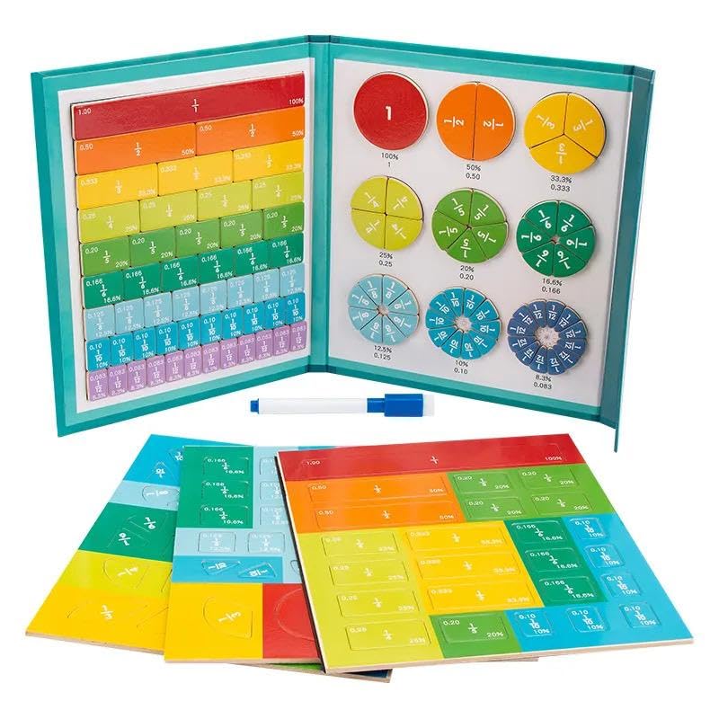 SYSVENT The Future Education Magnetic Fractions Gain Wooden Book Toys, Educational Math Tiles and Fraction Circles, Set of 102 Pieces with 3 Card Set,Gift for kisd Ages 3+ Education Toy