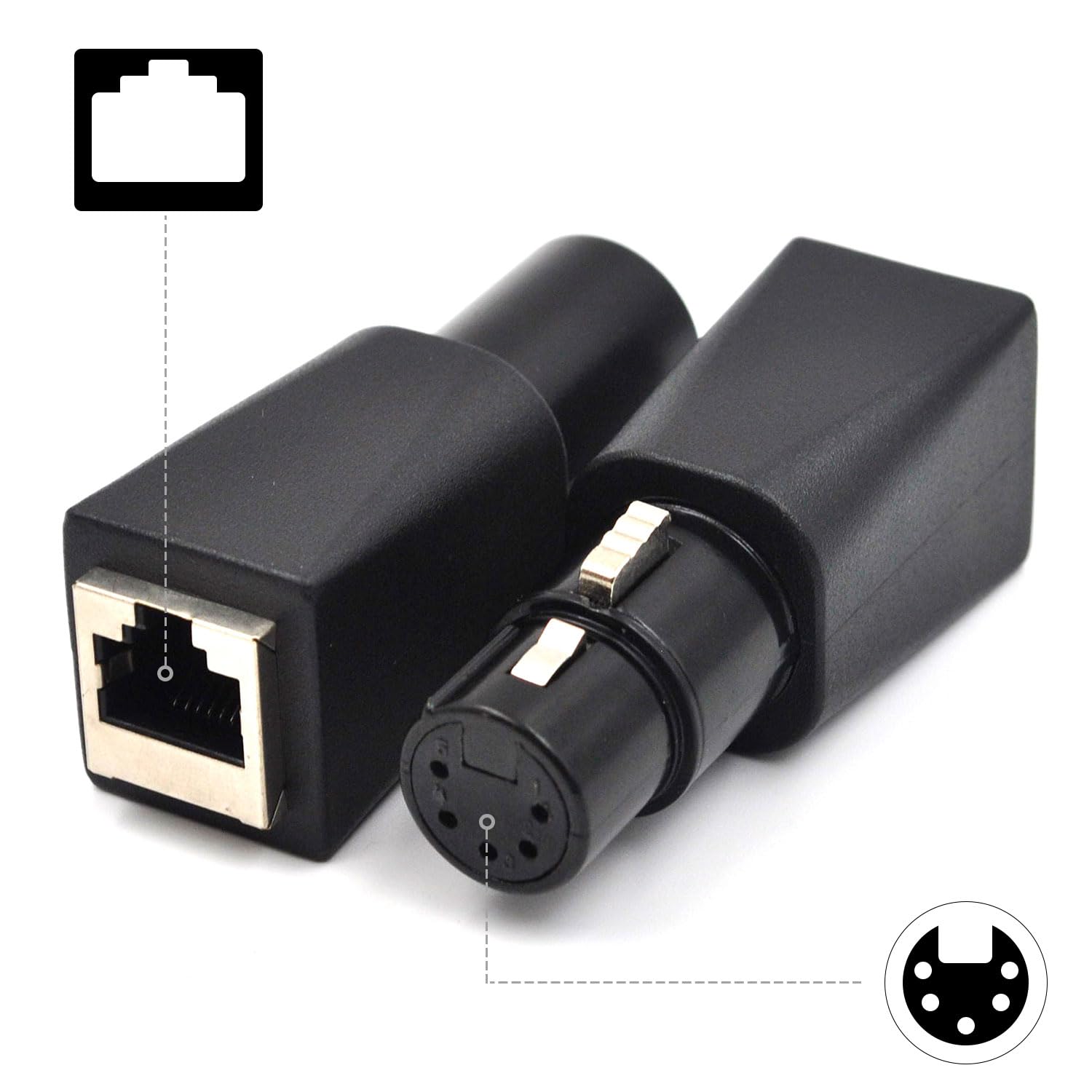 Zhupoub (1 Pair) 5 Pin Male/Female XLR DMX Connector to RJ45, This Adapter can use Any CAT-5 Ethernet Cable as a DMX512 Cable, Converted for use in Various Music,Sound scenarios