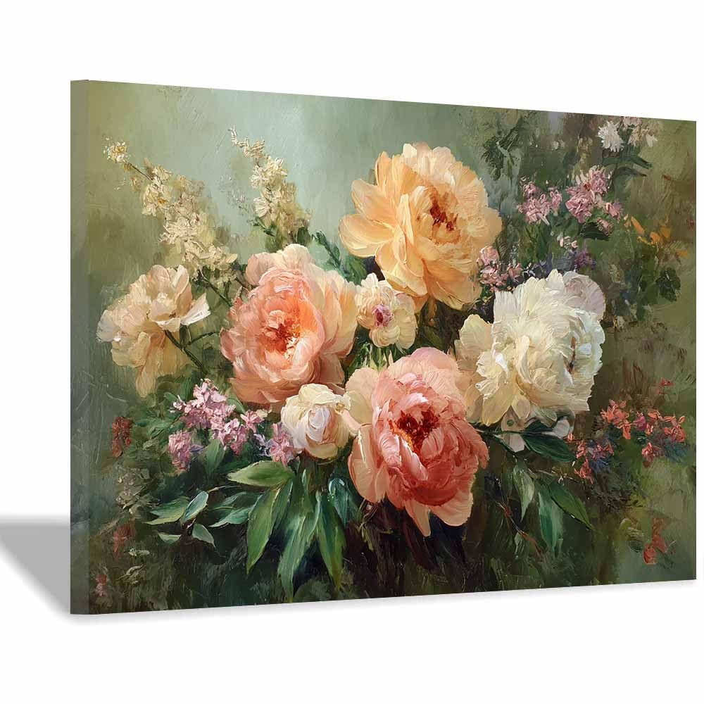 Xeniou Multicolor Flowers Canvas Vintage Oil Peony Painting Canvas Wall Art, For Bedroom Office Home Decorations(Multicolor)-60X90cm Framed
