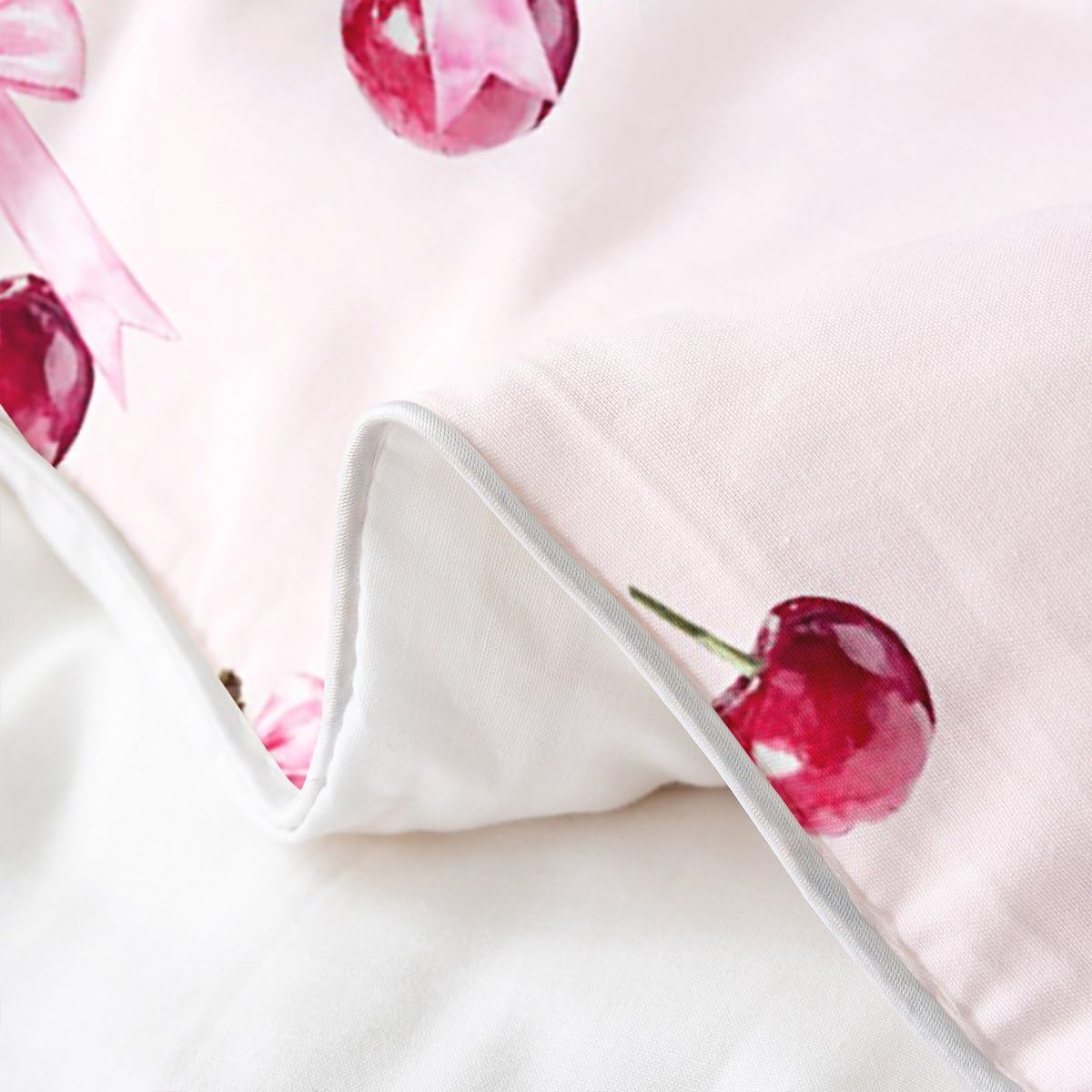 Homewish Czerwona wiśnia poszewka na kołdrę pojedynczy różowy łuk bawełna zestaw pościeli Kawaii dziewczęca wiśnia poszewka na kołdrę dla dzieci dziewcząt kobiet, śliczna kokardka zestaw pościeli s