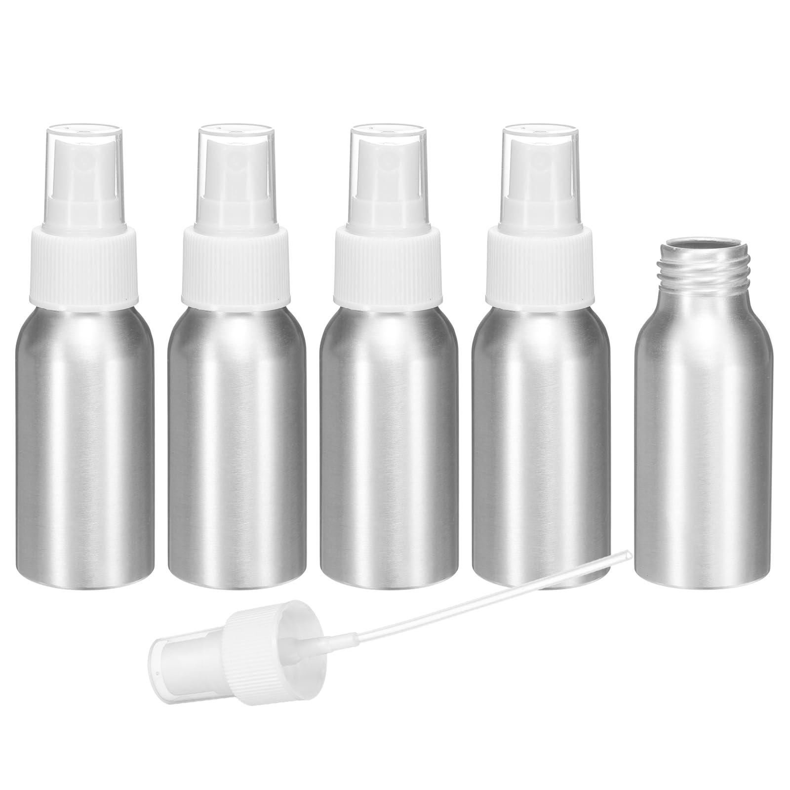 sourcing map 5pcs Aluminum Fine Mist Spray Bottles 50ml/1.7oz Metal Small Liquid Alcohol Refillable Travel Container with White Plastic Nozzle Cap for Perfume Skincare Cosmetic Storage Bottle