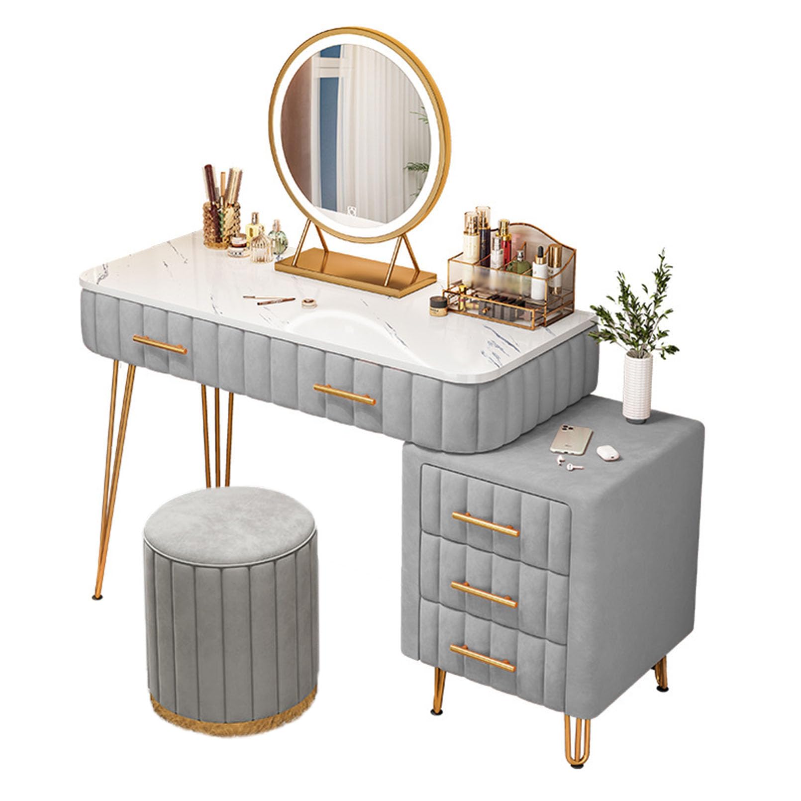 asdchZen Lighted Makeup Mirror With 5X Magnification Vanity Dressing Table Set With Cushioned Stool Stylish Bedroom Decor Gift For Girls And Women