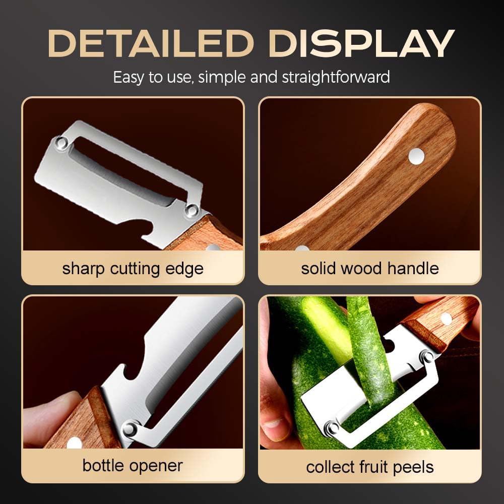 2 Pcs Multi-Functional Vegetable Peeler for Kitchen, Multi Functional Peelers with Wooden Handle and Bottle, Ultra-Sharp Stainless Steel Blade & Ergonomic Wood Handle for Fruit Veggie Pumpkin - 5