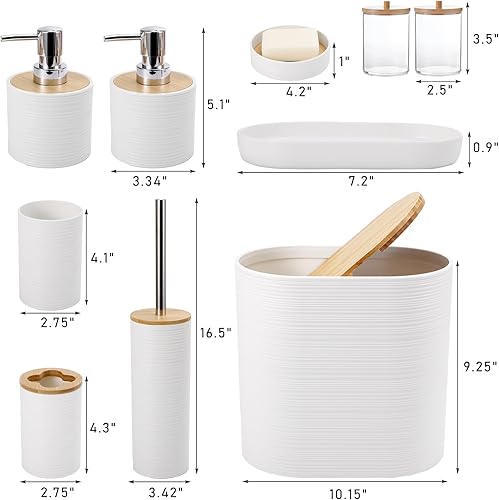 Miniatura 6 de Juego de baño blanco, juego de accesorios de baño blanco con basura, 2 dispensadores de jabón, jabonera, soporte para cepillos de dientes, taza para