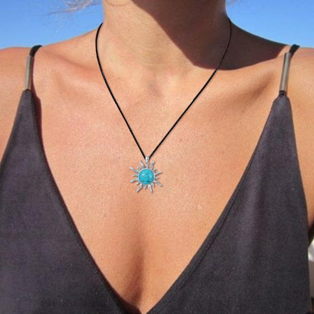 Sun Turquoise Pendant Necklace, 925 Sterling Silver Genuine Gemstones Western Jewelry Gift for Women - Image 3