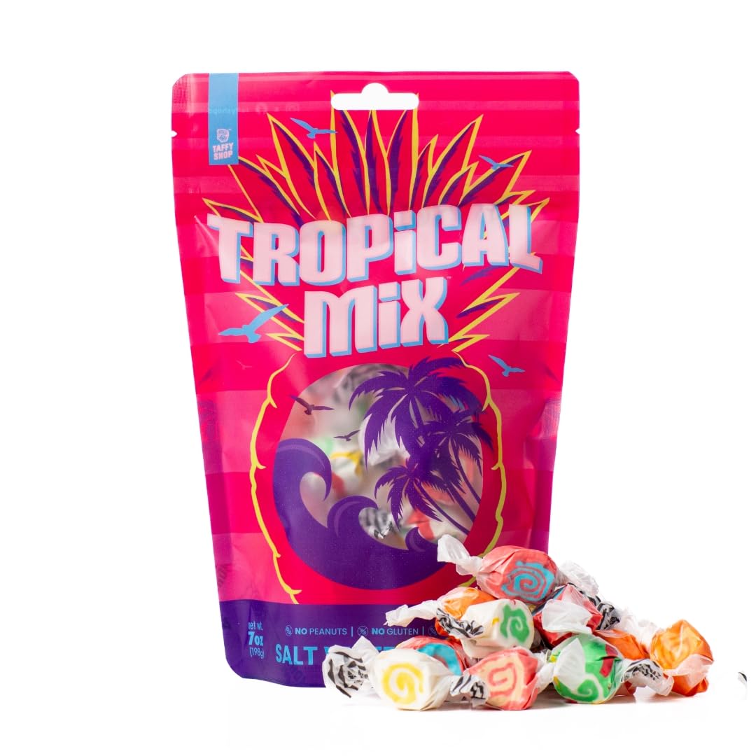 Taffy Shop Tropical Favorites, Salt Water Taffy Assorted Gourmet Soft Chewy Candy, Variety Pack, Bulk Sweet Snack, Fresh Gift & Gluten-Free, 35 Individually Wrapped Pieces (7oz)