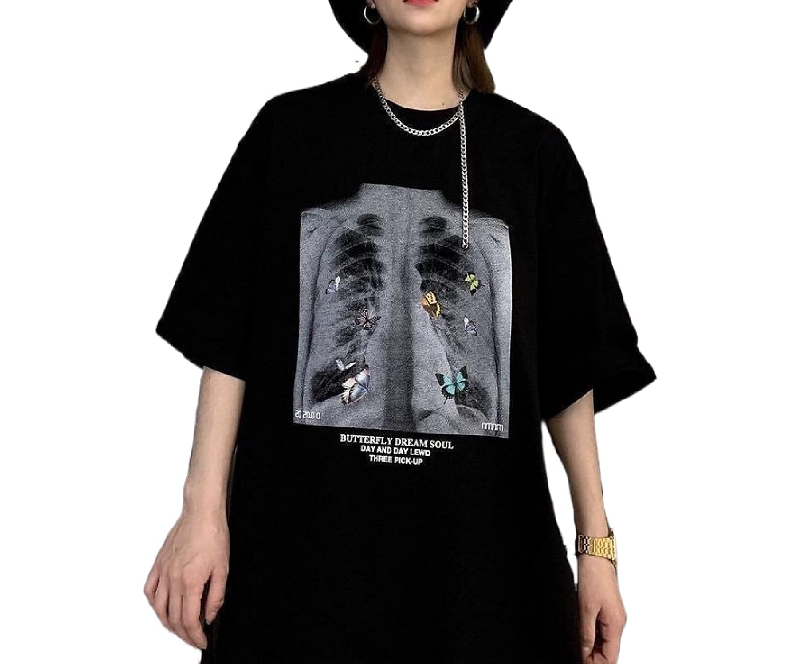 Women's Skeleton Ribcage Shirt Round Neck Short Sleeve Portrait Print T Shirts Vintage Oversized Y2k Tee Top |B Butterfly Black |L