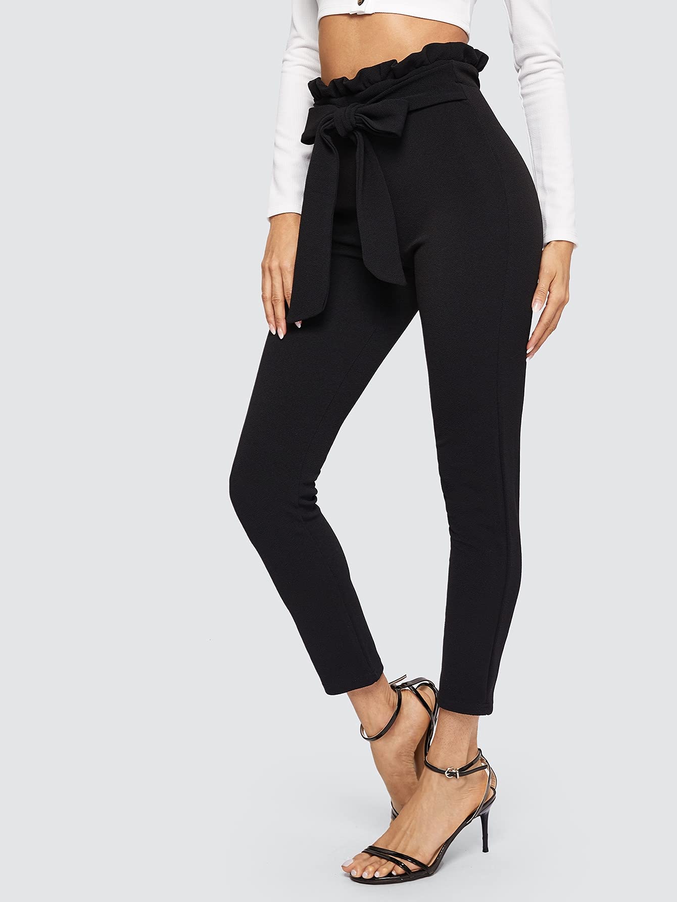 JUCIORI Pants for Women - Belted Paperbag Waist Skinny Pants Color Black Size Small