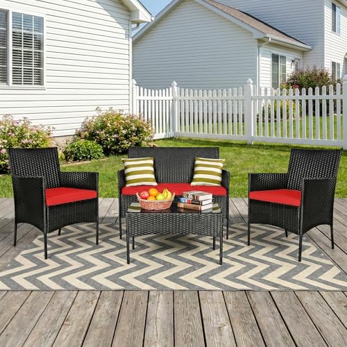 Image of OUTLIVING Outdoor 4 Seater Sofa Set || Patio Furniture Sets || Balcony Sofa || Indoor Sofa || Wicker Rattan Garden Sofa Set with Cushion and Center Table (Black /Red)