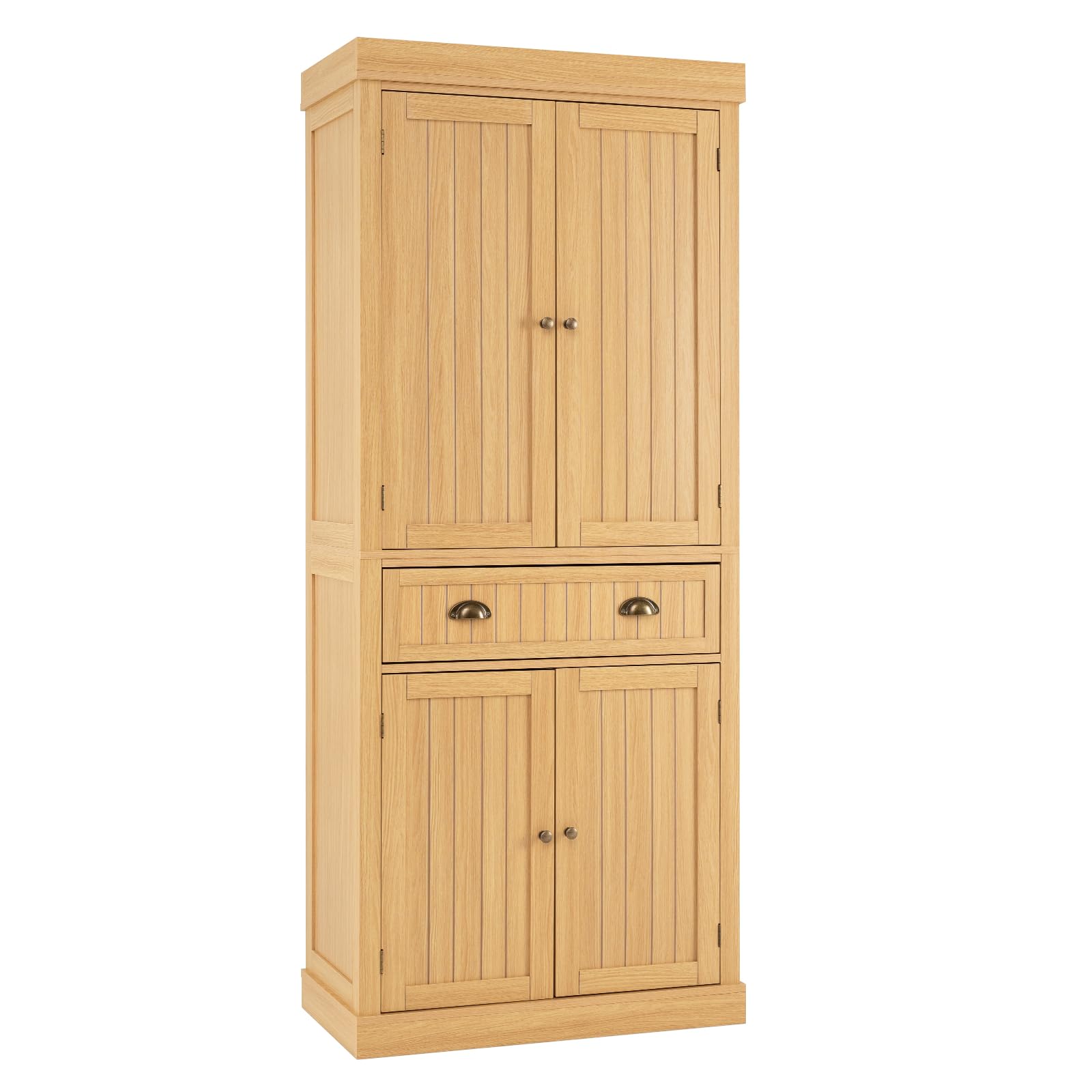 COSTWAY Tall Kitchen Cupboard, 4-Door Buffet Pantry Storage Cabinet with 4 Adjustable Shelves, Drawer & Anti-tipping Device, Freestanding Sideboard Organizer Unit for Dining Living Room (Natural)