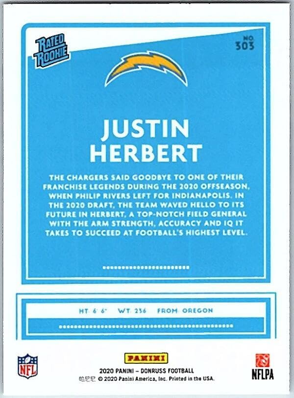 2020 Donruss #303 Justin Herbert Los Angeles Chargers NFL Football Card (RC - Rookie Card) NM-MT