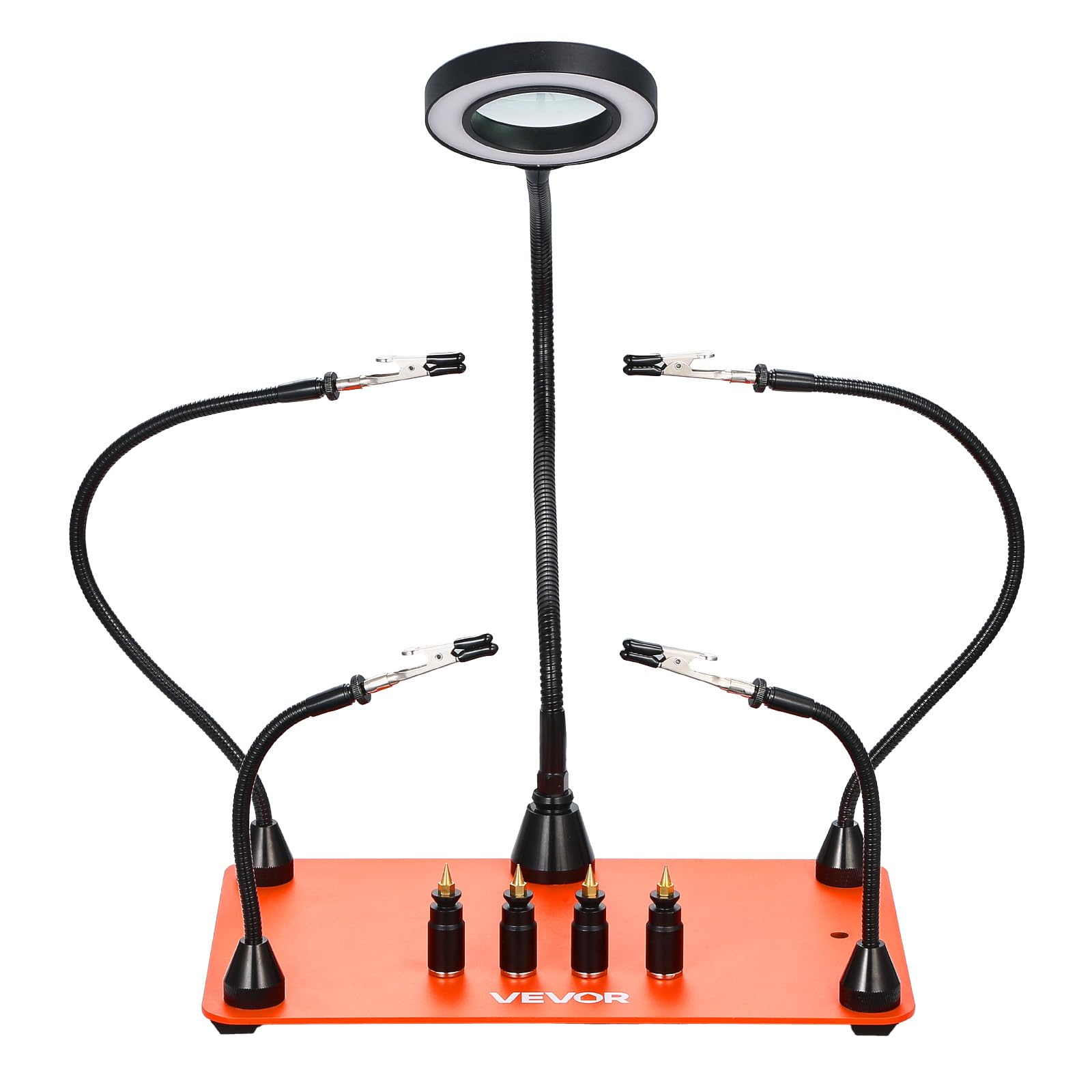VEVOR Löthilfe Dritte Hand, Magnetische Lötstation, Lötwerkzeug mit 4 flexiblen Armen, mit LED-Vergrößerungslampe, 4 PCB-Säulenhaltern & Basis, für Reparaturen, Basteln, Hobby, Heimwerken