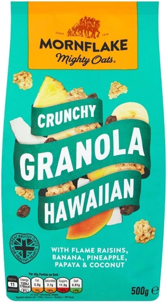 Crunchy Hawaiian Granola. 1x 500g Sachets Bags. High Fibre Granola Cereal Multipack, Breakfast Cereal with Raisins, Banana, Pineapple & Coconut, All Natural Ingredients (Pack of 1)