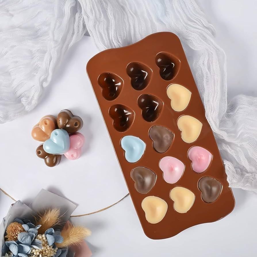 Image of Silicone Chocolate Molds, Breakable Mini Candy Bar, Heart Moulds, Chocolate Bar, 15 Cavity, Mix Design Mould for Cake, Jelly, Candy,Ice,Fondant Making - Pack of 4