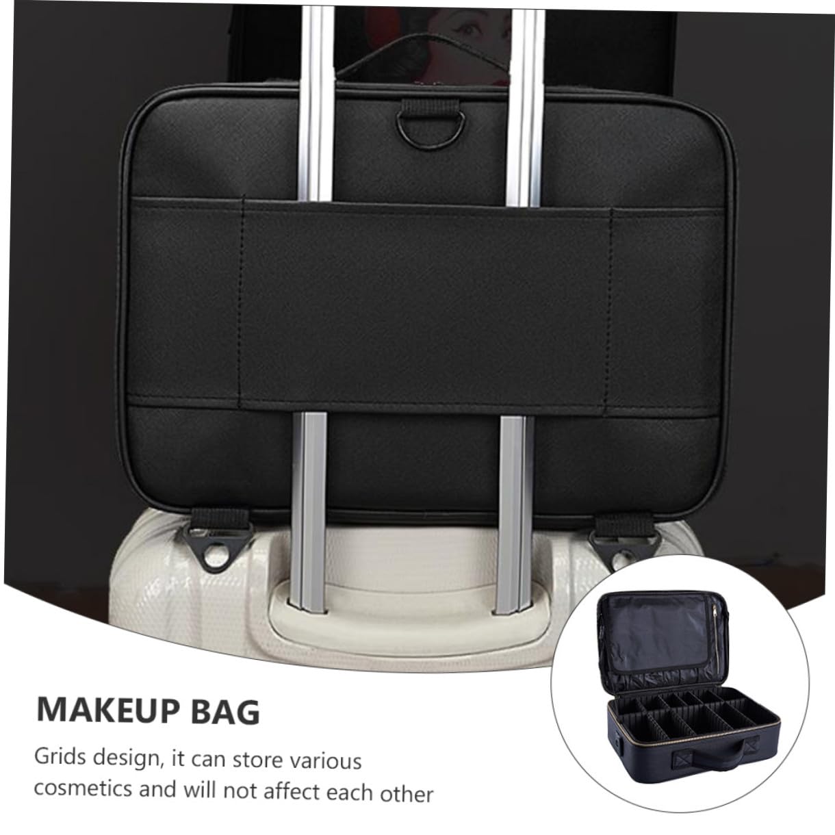 Healeved Astuccio da Viaggio per Trucco Oxford Nero Manico, Design a Griglie, Custodia Cosmetica Portatile Facile da Trasportare e Protettiva per Organizzare i Prodotti Make Up