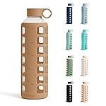 purifyou 40oz / 32oz / 22oz / 12oz Borosilicate Glass Water Bottle with Time & Volume Markers, Silicone Sleeve, Stainless Steel Lid | Reusable Glass Bottle for Water & Juice (32oz Iced Coffee)