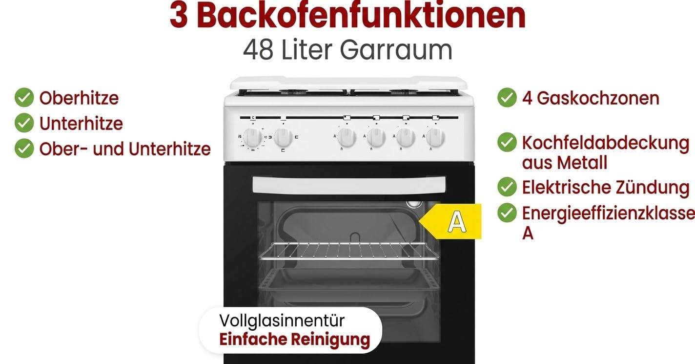 PKM GH4-50 EO AQ Stand-Gasherd 9050 Watt 50 cm 3 Backofenfunktionen Energieeffizienzklasse A