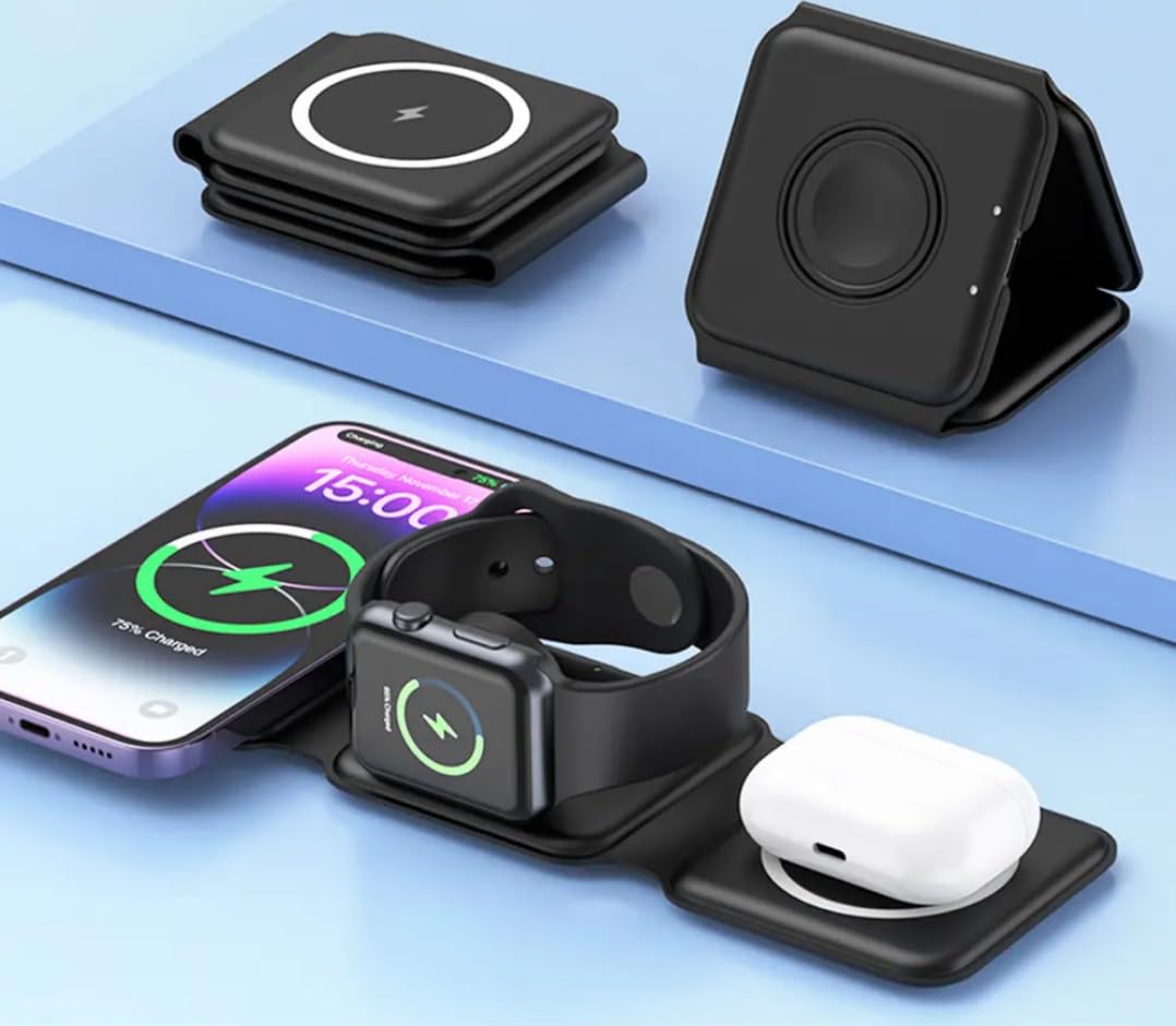 D-Choice 3 en 1 Chargeur Magnétique sans Fil - Compatible avec Smartphones, Montres et Casque Bluetooth - Charge Rapide 15W, Design Compact (Noir)