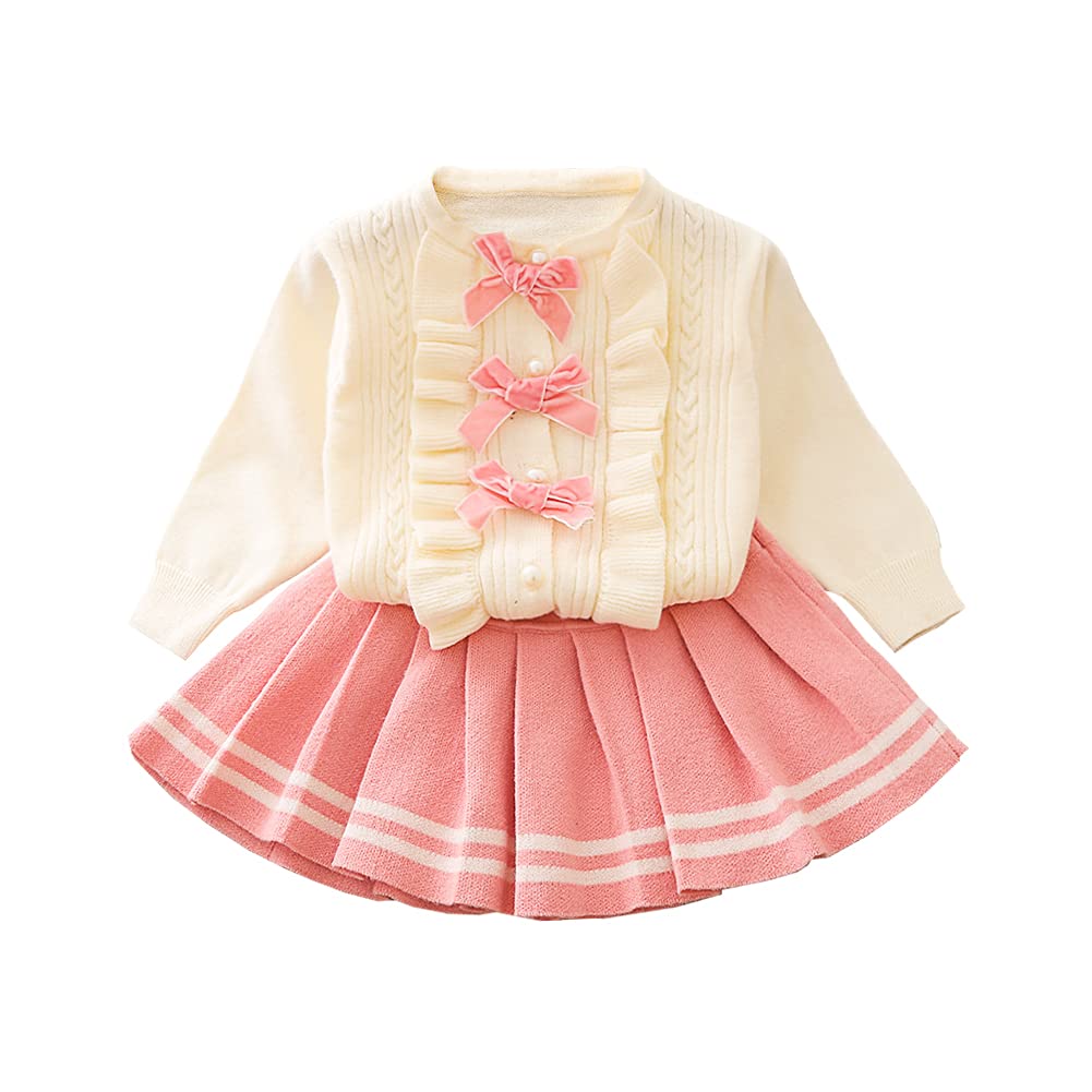 Toddler Baby Girl Fall Outfit Ruffled Long Sleeve Cardigan Sweater Top + Mini Pleated Skirt 2PCS Cute Knit Sweater Dress Christmas Pageant Party Ceremony Pink 2-3 Years