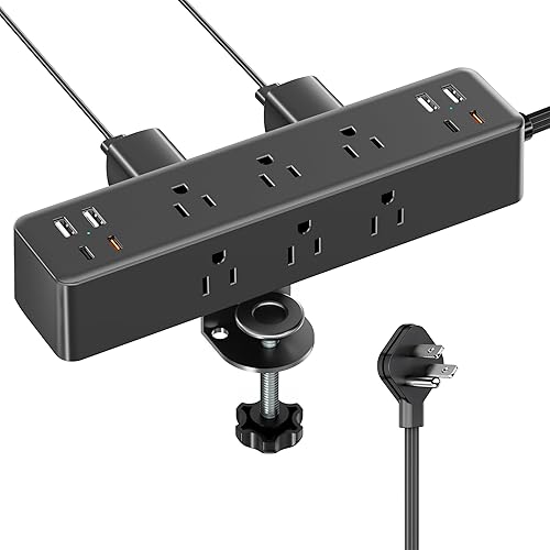 Flat Plug Desk Clamp Power Strip 15FT, 40W Total Fast
