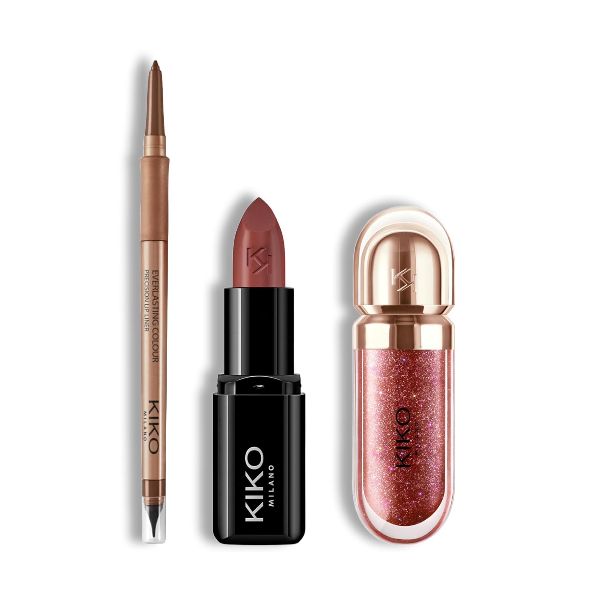 KIKO Milano Lip Glow Trio | Precision Automatic Lip Liner 18, Smart Fusion Lipstick 431 & 3D Hydra Lipgloss 44 | The Perfect Lip Combo for Defined & Glossy Lips