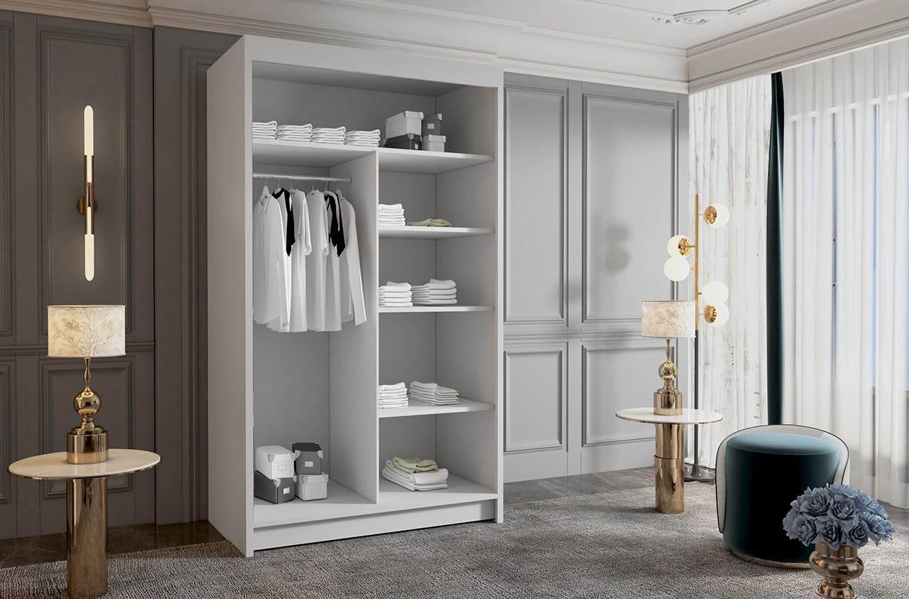 Moderno armadio scorrevole bianco con specchio, 100 cm, elegante armadio a 2 ante per camera da letto con asta appendiabiti, mobile salvaspazio per soggiorno nized