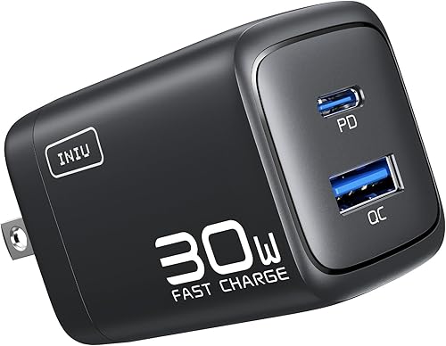 INIU Cargador USB C, 30 W PD QC 3.0 de doble puerto tipo C carga rápida bloque de cargador compacto con enchufe plegable para iPhone 17 16 15 Pro