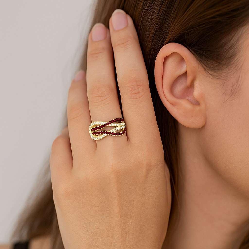 Natural Ruby & Diamond Ring for Women in 14K Solid Gold or 925 Sterling Silver – Multi-Row Crossover Design – June Birthstone Fine Jewelry Gift