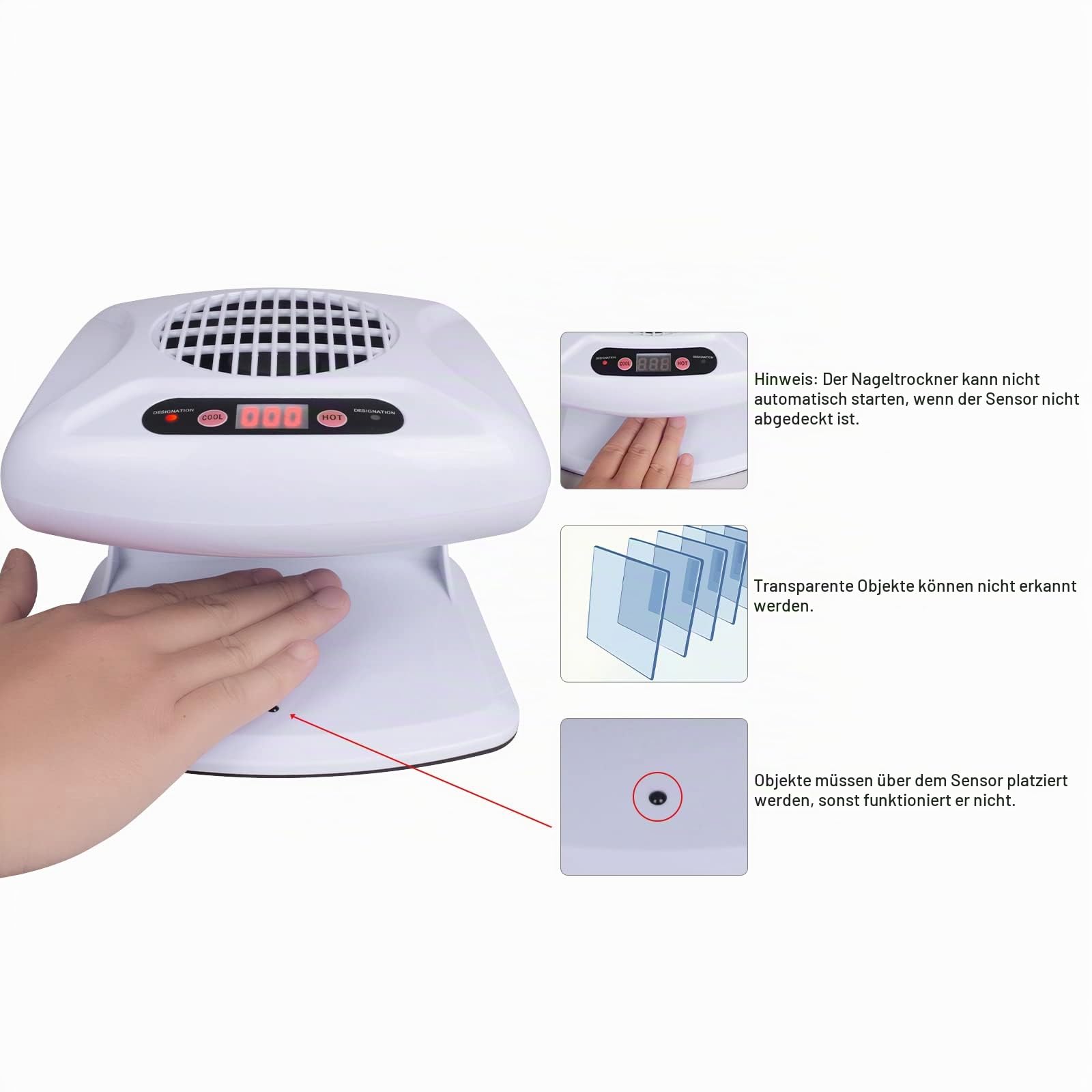Gegong Air Nail Dryer mit automatischem Sensor, 300 W Timing Air Nail Fan Föhn für beide Hände und Füße, warmer und kühler Windgebläse-Trockner für normalen Nagellack, Zuhause und Salon