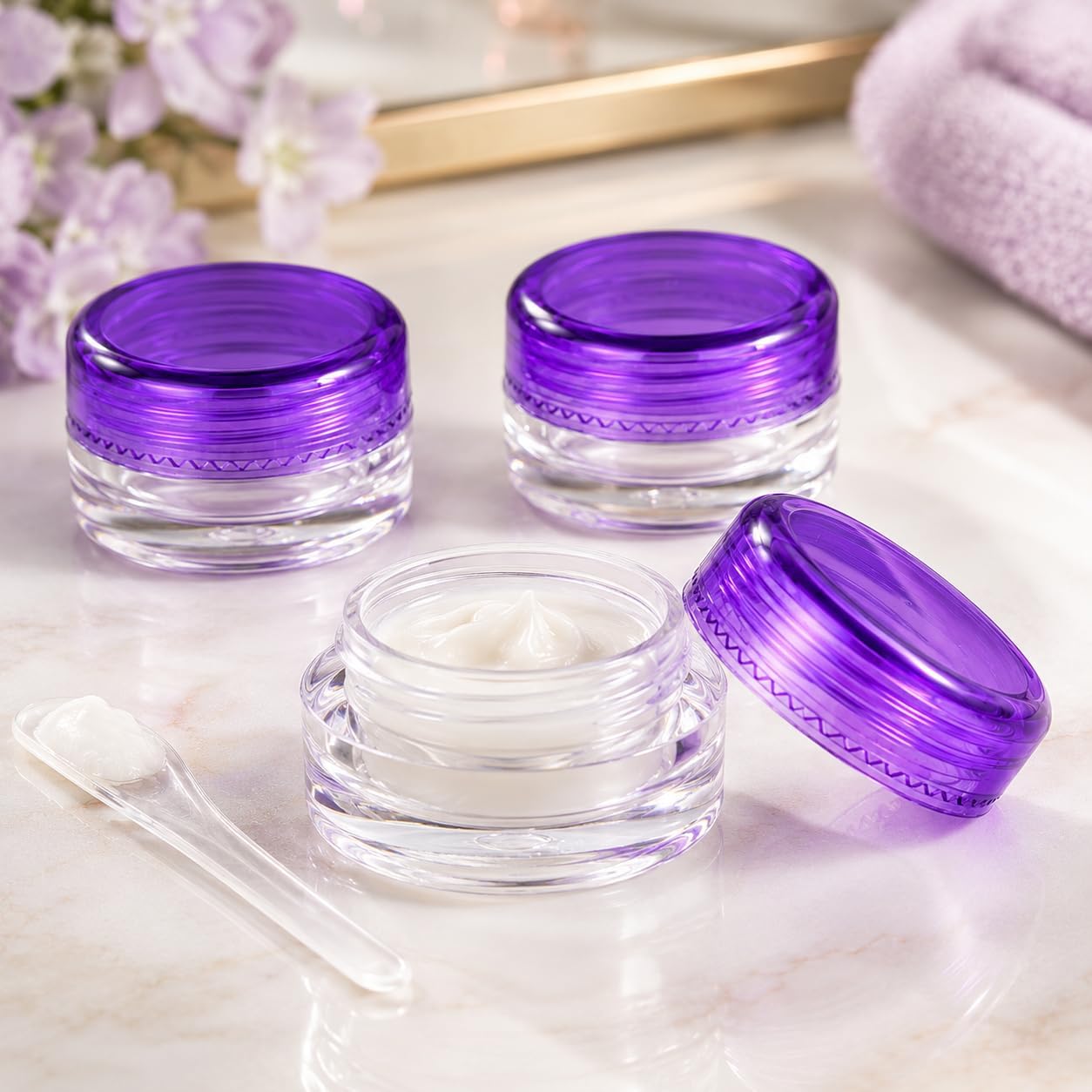SKYPIA 3g Cosmetic Sample Containers with Screw-On Lids, Clear Reusable Plastic Sample Jars for Creams, Lotions, Lip Balm, Makeup, Ointments & DIY Products, Empty Travel Containers, 5 Pack (Purple) image 3