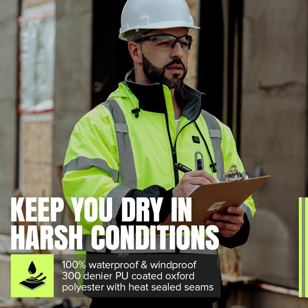 Pioneer Hi Vis Waterproof Heated Safety Bomber Jacket - Class 3 Winter Rain Gear for Men - Reflective Tape - Detachable Hood - Image 6
