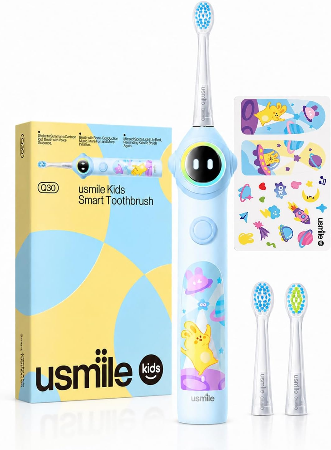 usmile Q30 Kids Smart Electric Toothbrush (Blue) | Ages 3+, AI Voice Guide, Fun Music Timer, Brush-Every-Spot Alerts, Easy Parent Tracking, Gentle Bristles, 90-Day Battery Life