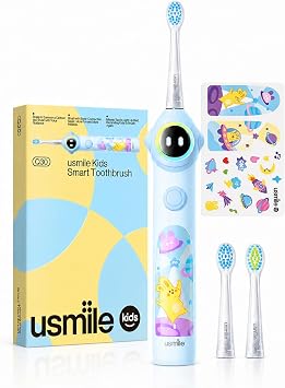 usmile Q30 Kids Smart Electric Toothbrush Blue | Ages 3+, AI Voice Guide, Fun Music Timer, Brush-Every-Spot Alerts, Easy Parent Tracking, Gentle Bristles, 90-Day Battery Life