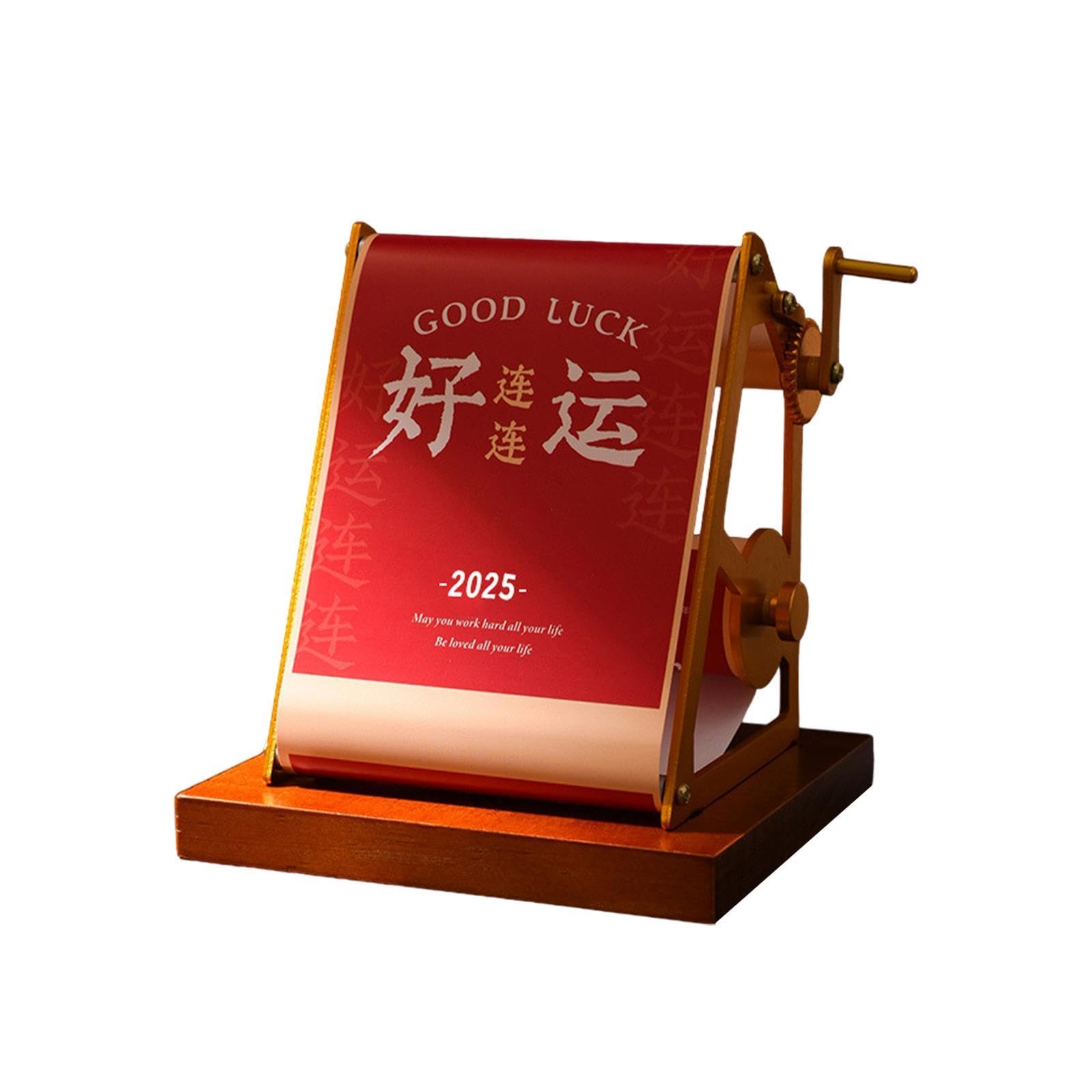 Gralara Tischkalender 2025, Wochenkalender, Chinesische Neujahrsdekorationen, Handgekurbelter Mechanischer Kalender, Ornamente für Neujahr, Rot