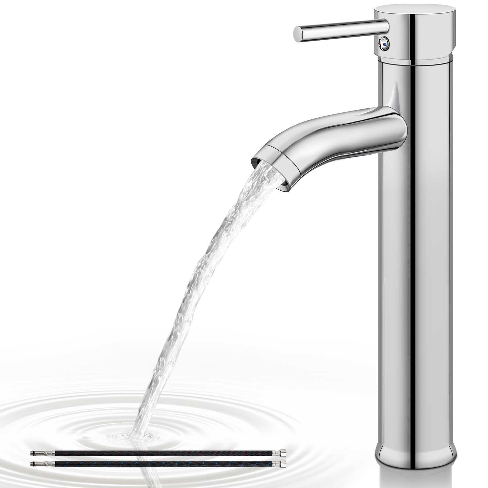 Airuida Vessel Sink Faucet Chrome Polish Single Hole Bathroom Sink Faucet Tall Single Handle Bathroom Deck Mount Mixer Tap One-Hole Bowl Vanity Barrel Sink Faucet with Circular Spout and Supply Hoses